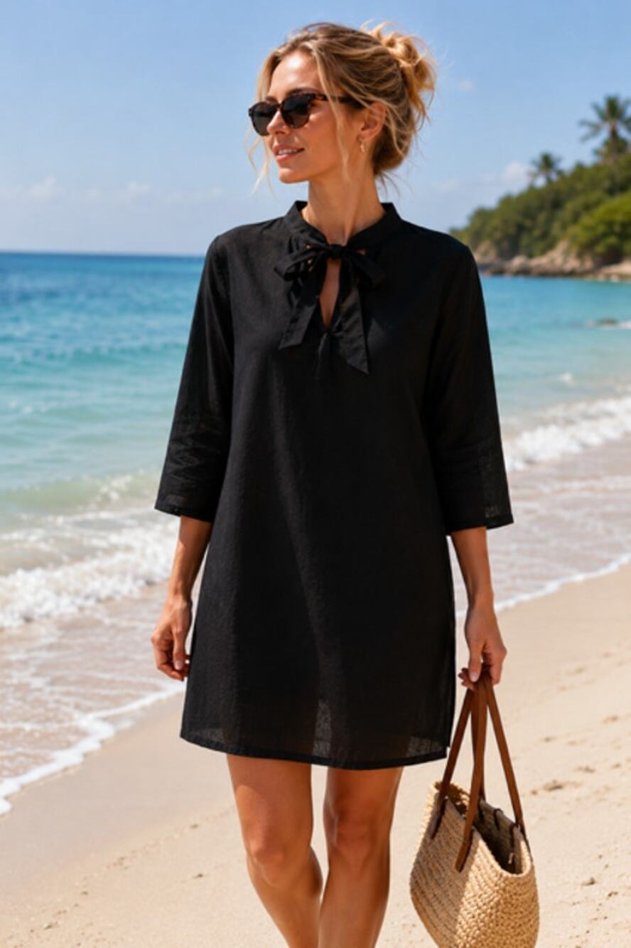 Tuckernuck NWT Black Marseille Caftan Dress XS Tie Neck Beach Cover-Up